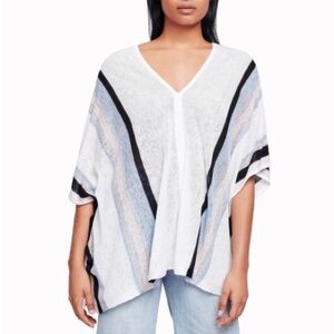 WHITE + WARREN Women's 100% LINEN Striped V Neck Poncho Sweater Size XS/S